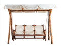 Silla colgante de madera para jardín 250x145x215 cm - Marrón y blanco - Diseño triple con techo textil
