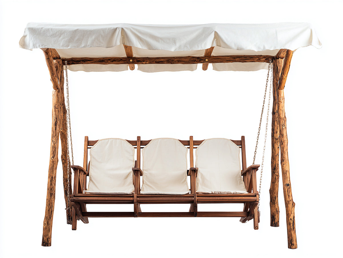 Silla colgante de madera para jardín 250x145x215 cm - Marrón y blanco - Diseño triple con techo textil