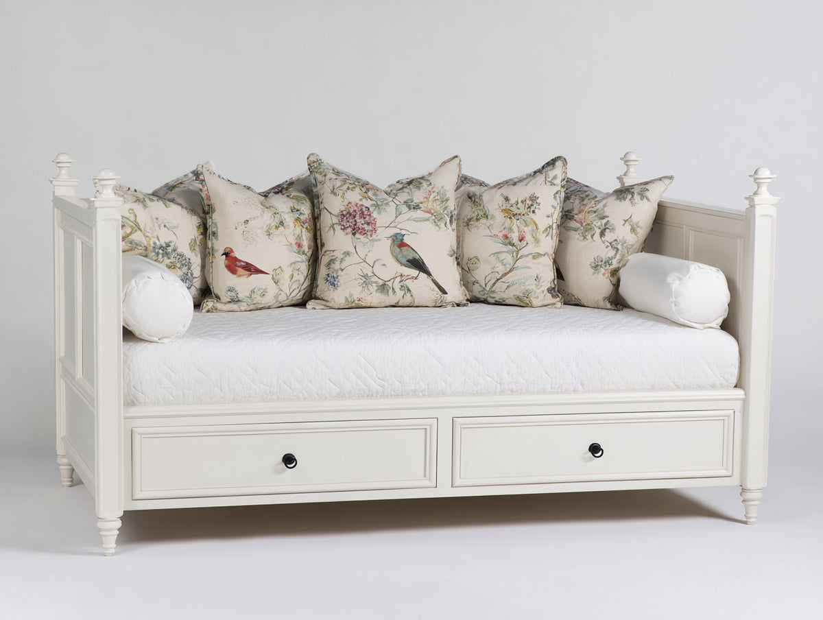 Sofás cama de madera 205x95x100 cm - blanco crema y negro - 2 cajones integrados con laterales altos diseño clásico