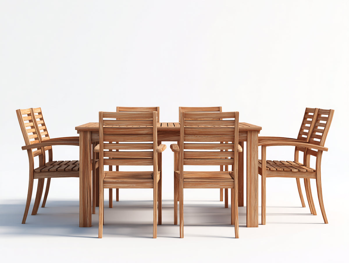 Conjuntos de comedor de jardín de madera 180x90x75 cm - madera natural - mesa rectangular con 6 sillas diseño clásico