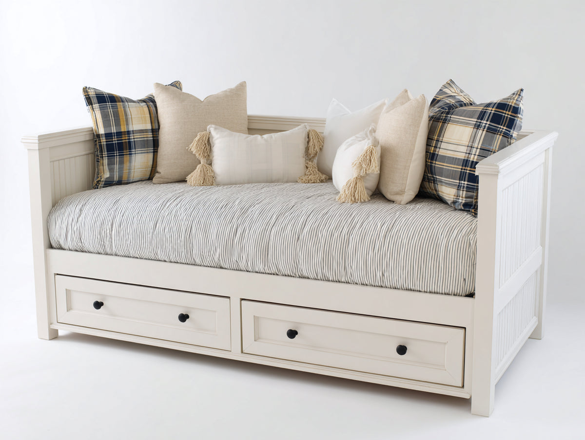 Sofás cama de madera 205x95x98 cm - blanco crema y negro - 2 cajones integrados con laterales altos diseño clásico
