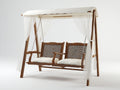 Silla colgante doble de madera 220 x 125 x 210 cm - marrón y blanco - con dosel y cortinas para jardín