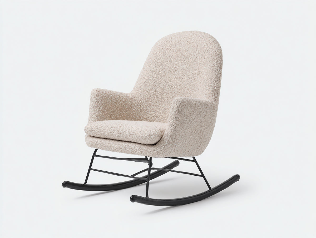 Mecedoras tapizada en tejido bouclé 75x95x105 cm - Blanco crema y negro - Respaldo alto con base metálica