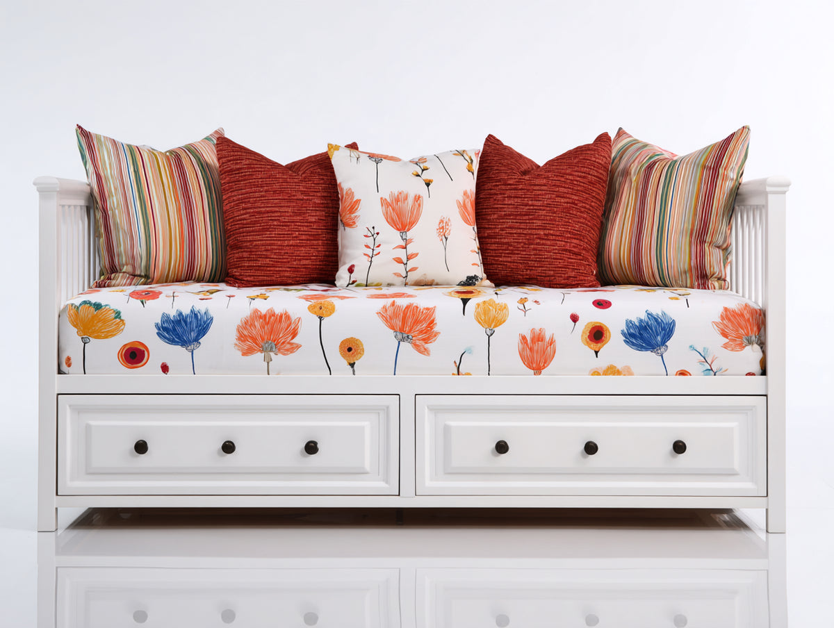 Sofás cama de madera con 2 cajones 200x95x88 cm - blanco y multicolor - diseño multifuncional con estampado floral y almacenamiento inferior