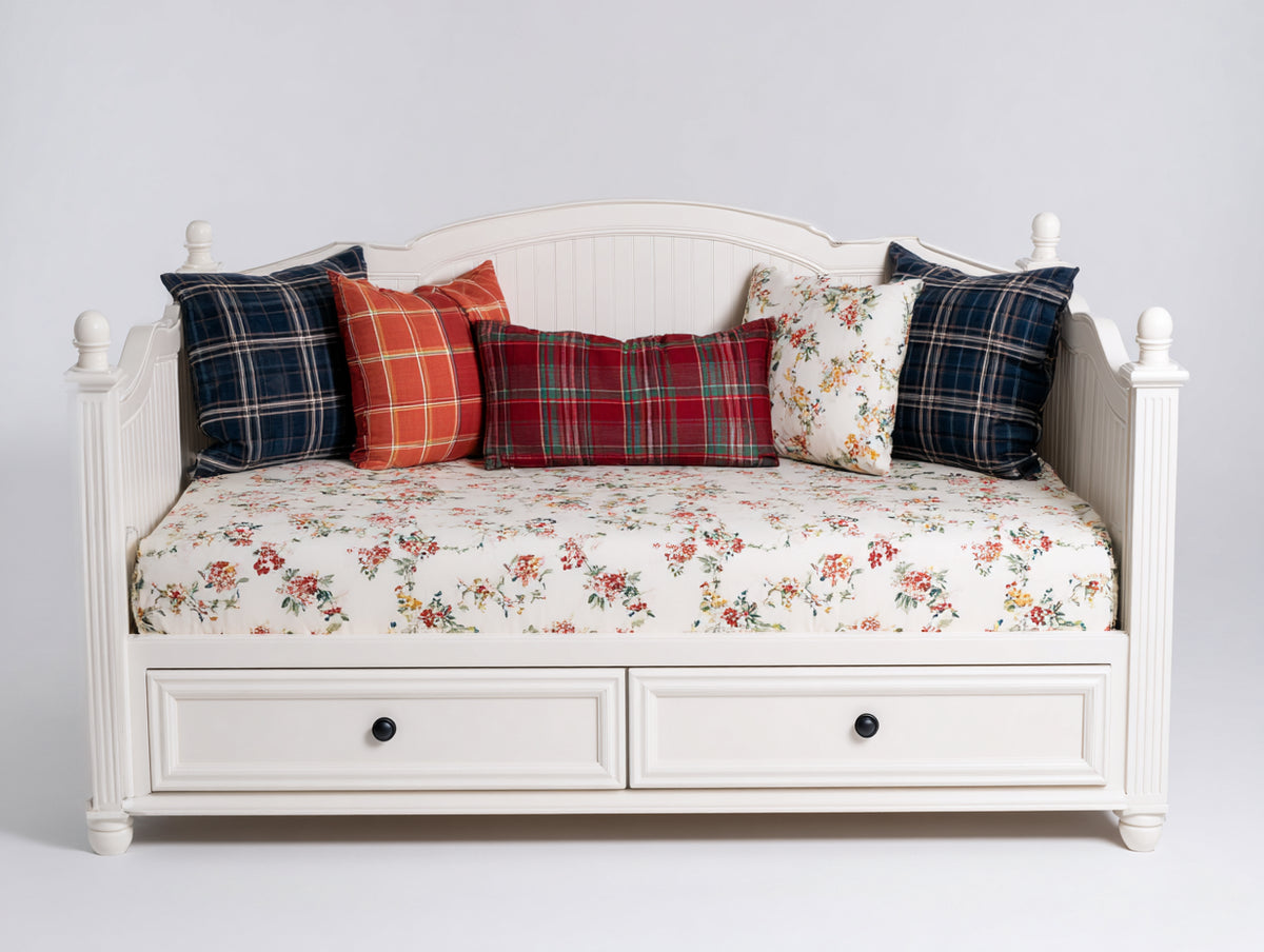 Sofás cama de madera 200x90x100 cm - blanco crema - 2 cajones integrados y respaldo curvo diseño clásico