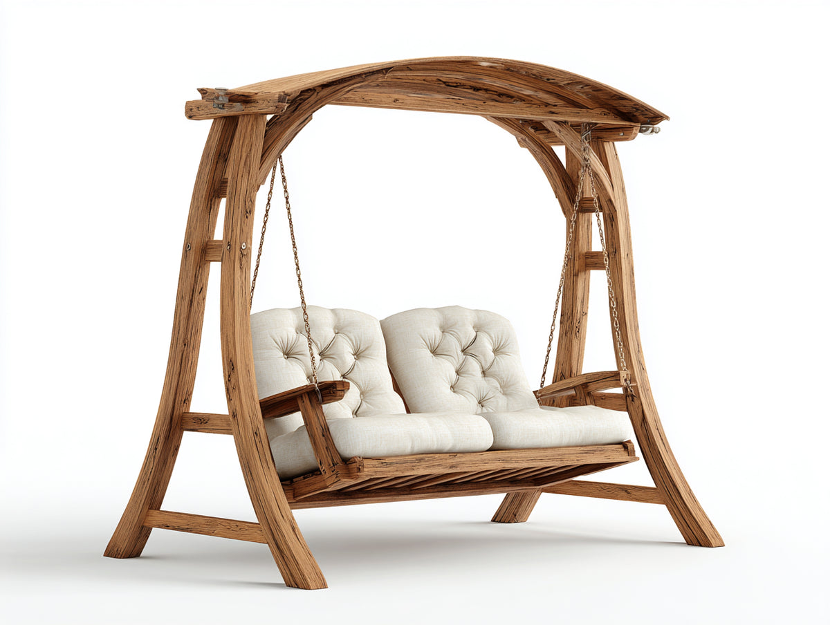 Silla colgante de jardín de madera 190 x 120 x 190 cm - marrón y beige - asiento doble acolchado con estructura independiente