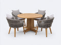Conjuntos de comedor de jardín de madera y cuerda 120x120x75 cm - madera natural y gris - mesa redonda con 4 sillones diseño moderno