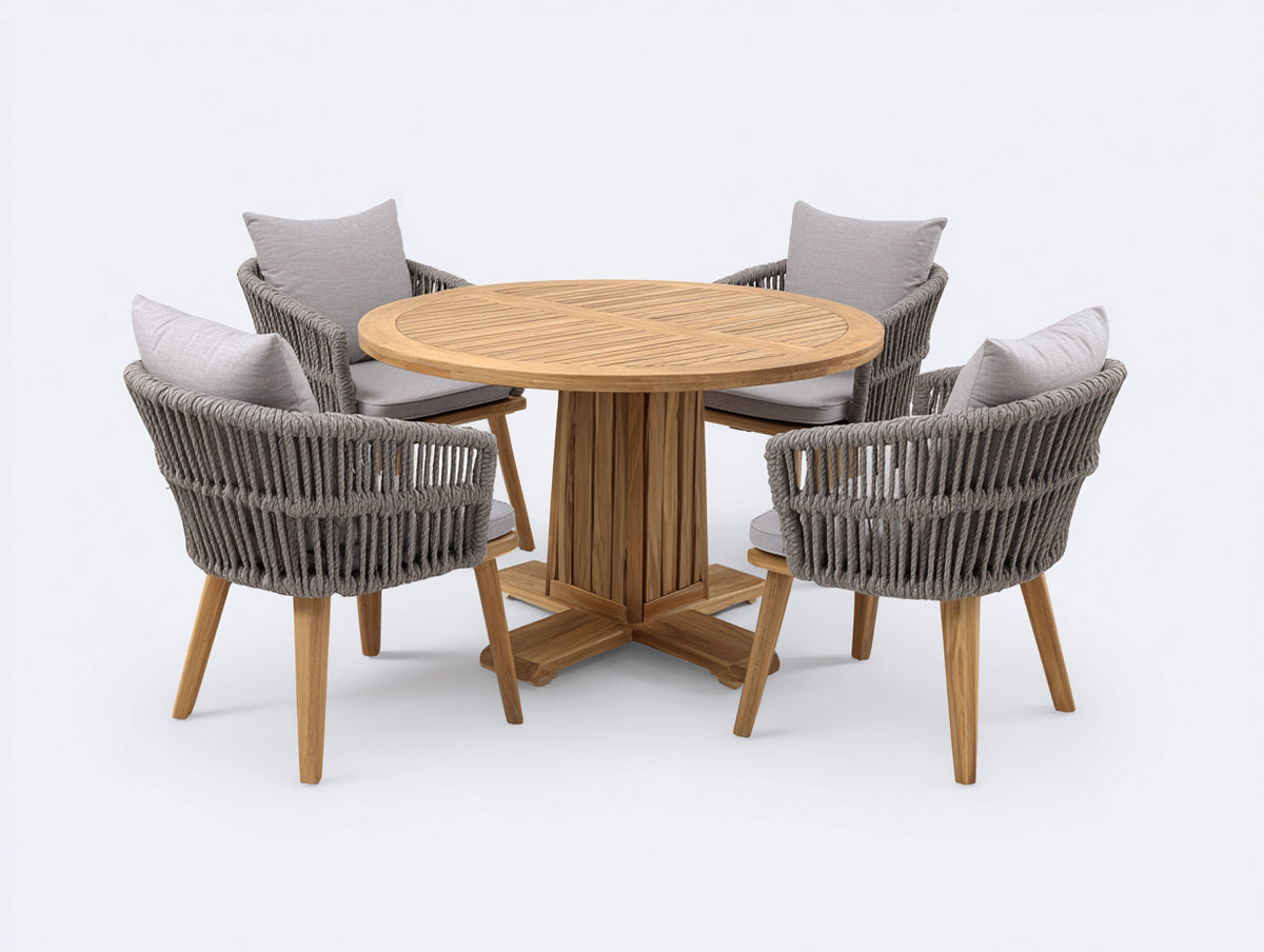 Conjuntos de comedor de jardín de madera y cuerda 120x120x75 cm - madera natural y gris - mesa redonda con 4 sillones diseño moderno