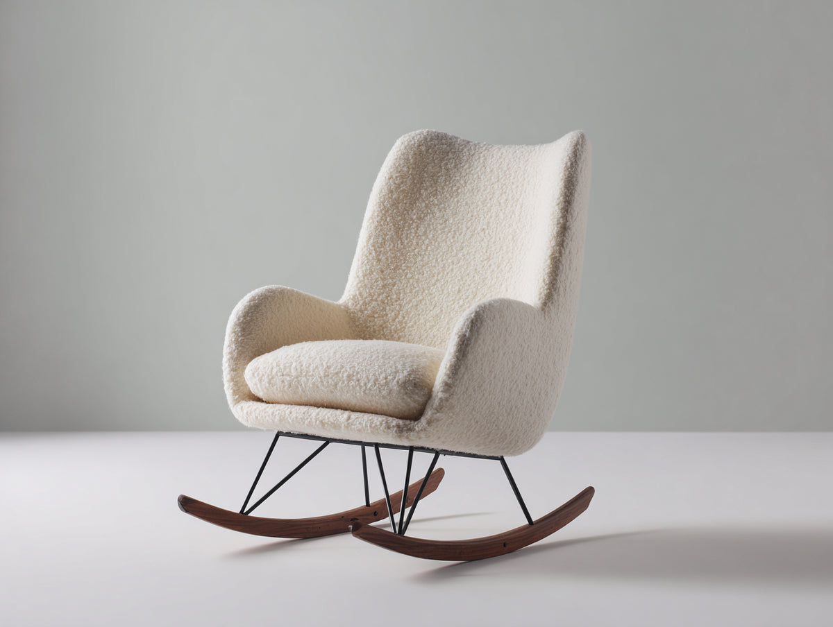Mecedoras tapizada en tejido bouclé 78x92x102 cm - Blanco crema marrón y negro - Respaldo alto con patines de madera