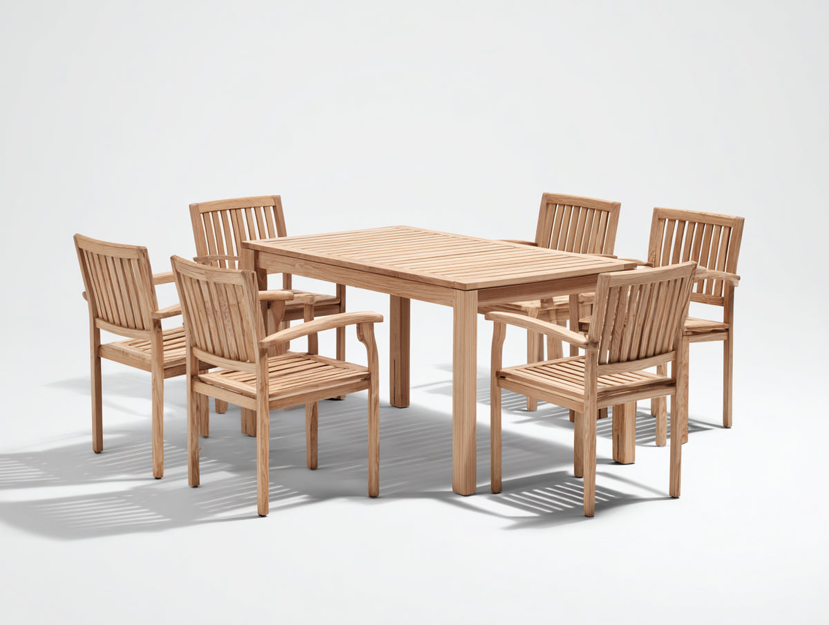 Conjuntos de comedor de jardín de madera - mesa 160 x 90 x 75 cm y sillas 58 x 60 x 90 cm - madera natural - conjunto de siete piezas para exterior