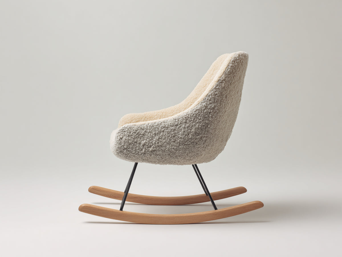 Mecedora tapizada de tela 82 x 72 x 95 cm - beige y marrón - respaldo alto con base curva de madera