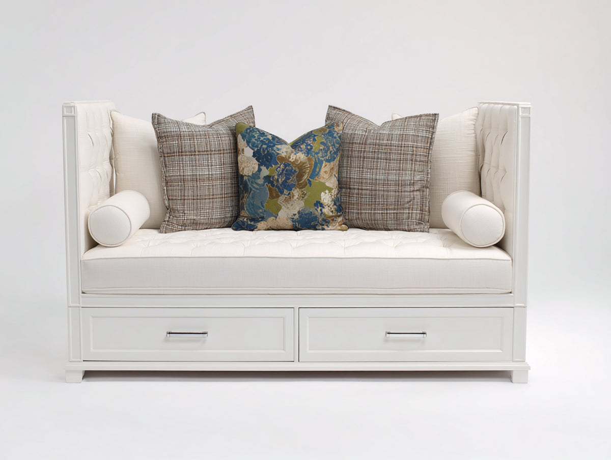 Sofás cama de madera 200x95x92 cm - Blanco-Beige claro - 2 cajones y diseño clásico acolchado