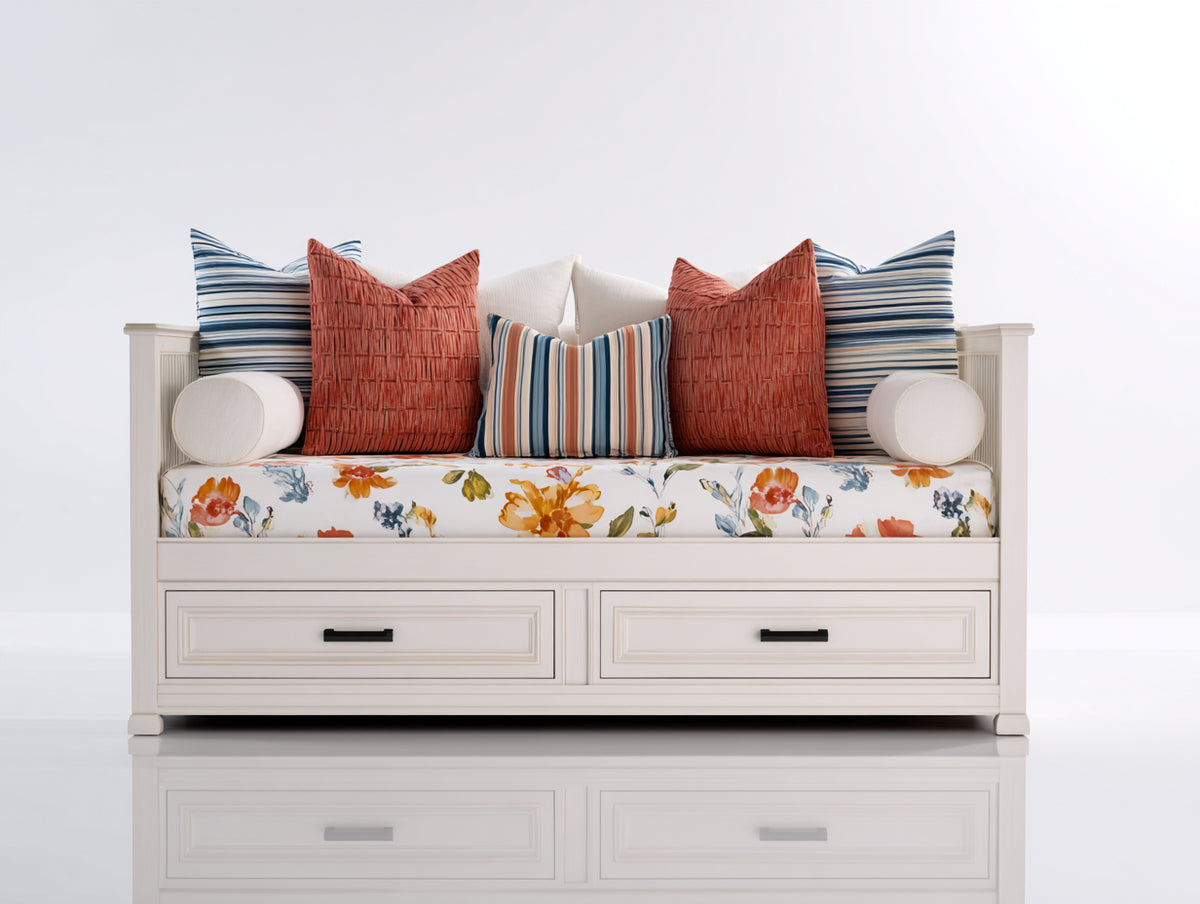 Sofás cama de madera 200x95x90 cm - Blanco-Multicolor - 2 cajones y diseño clásico