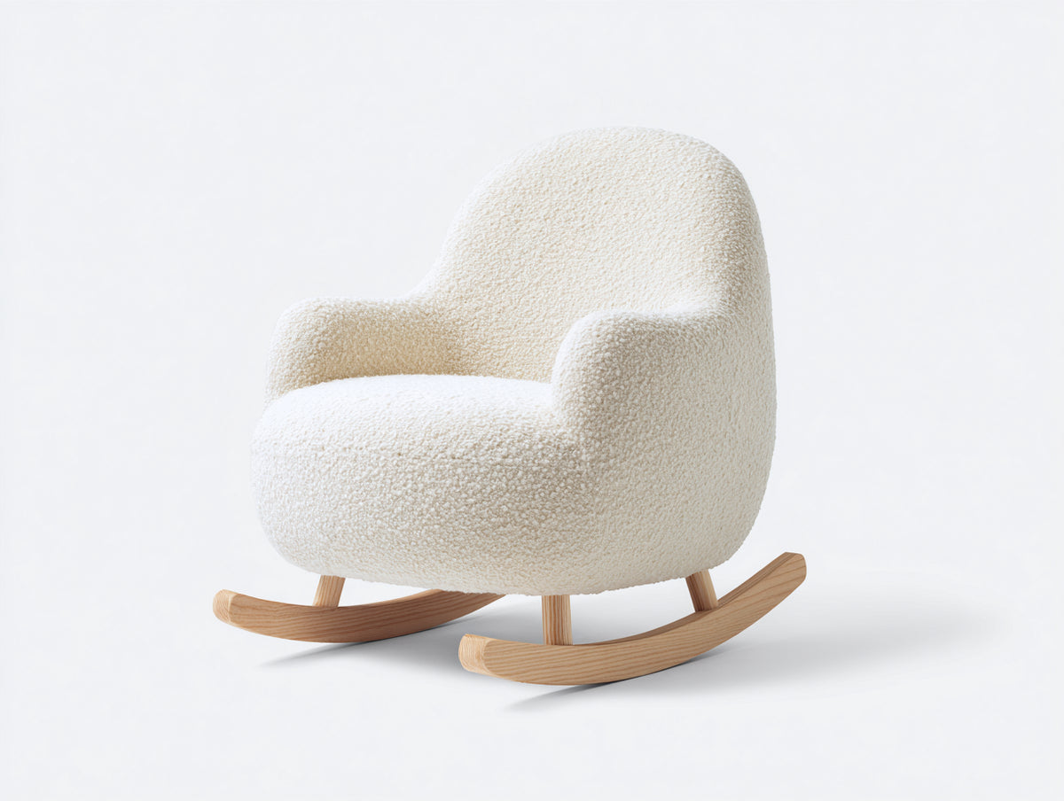 Mecedora tapizada en tejido bouclé 80 x 90 x 90 cm - Blanco crema-Marrón natural - Diseño curvo con reposabrazos