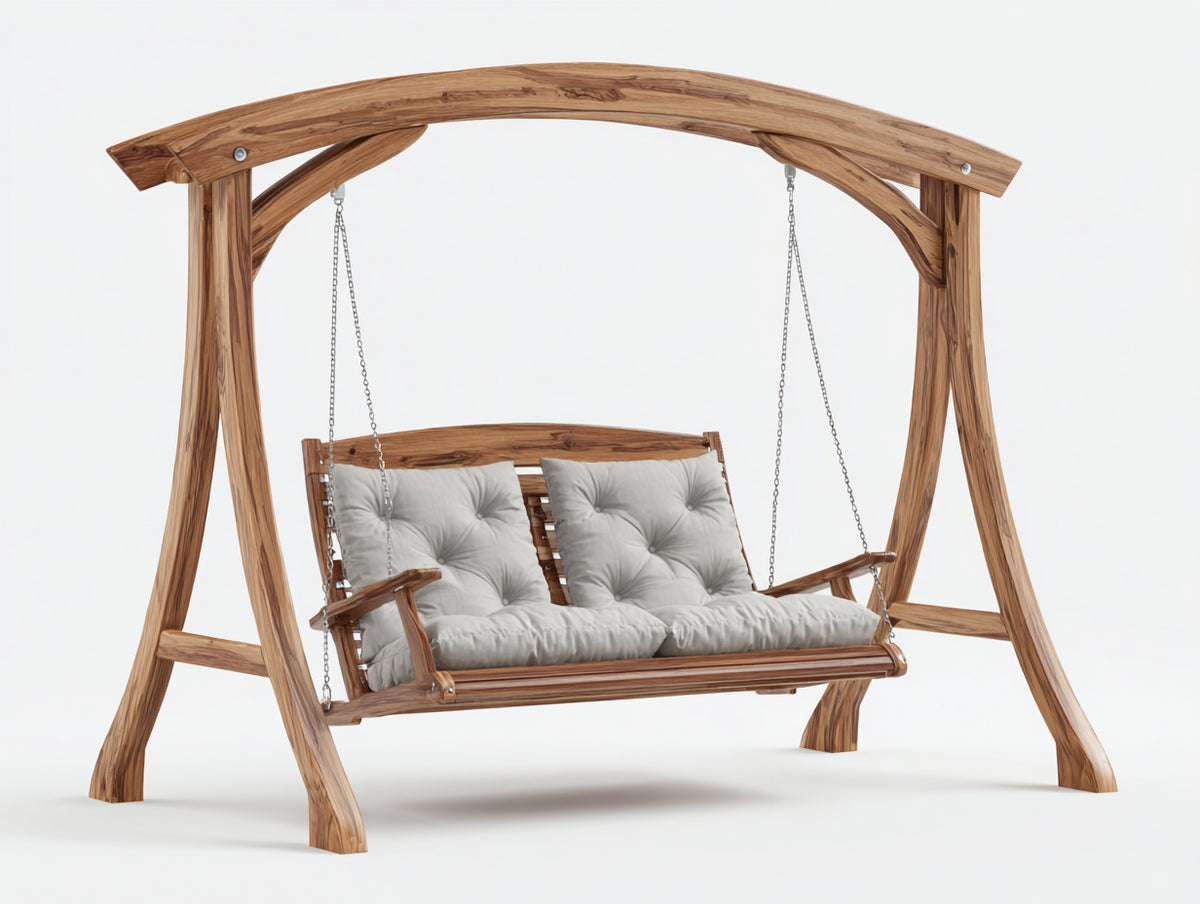 Silla colgante de jardín de 2 plazas en madera 220 x 130 x 190 cm - Marrón natural-Beige - Con soporte y suspensión por cadenas