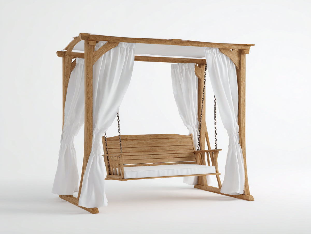 Silla colgante de jardín de 2 plazas en madera 220 x 150 x 210 cm - Marrón natural-Blanco - Con dosel y cortinas laterales