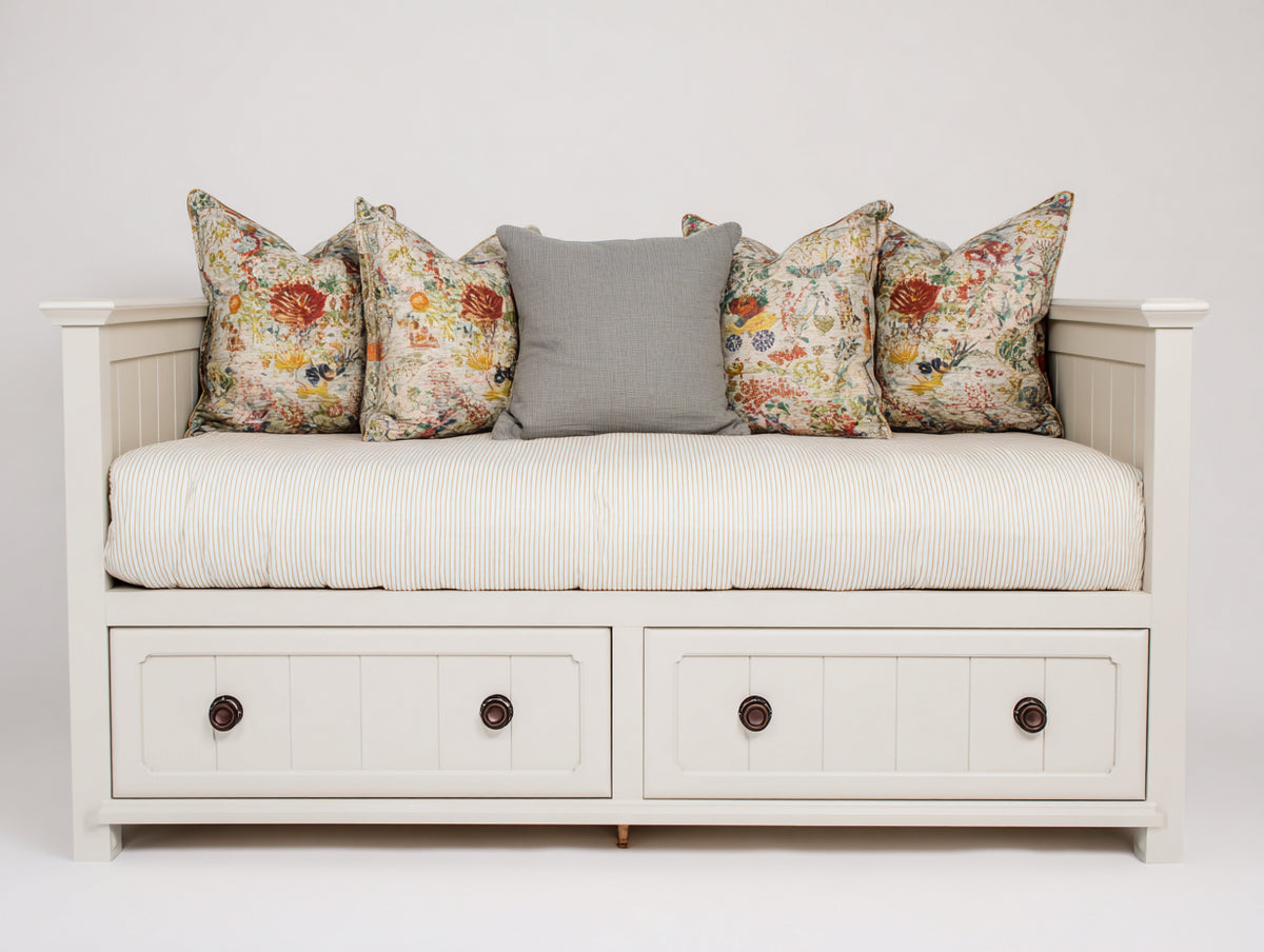 Sofás cama de madera 200x90x95 cm - blanco crema y bronce oscuro - 2 cajones integrados con laterales altos diseño clásico