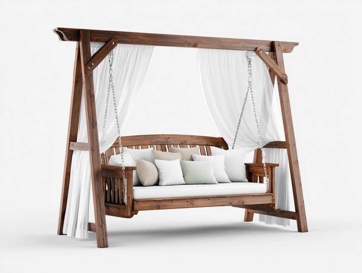 Silla colgante de jardín de madera 220 x 130 x 210 cm - marrón y blanco - asiento amplio con estructura autoportante y cortinas
