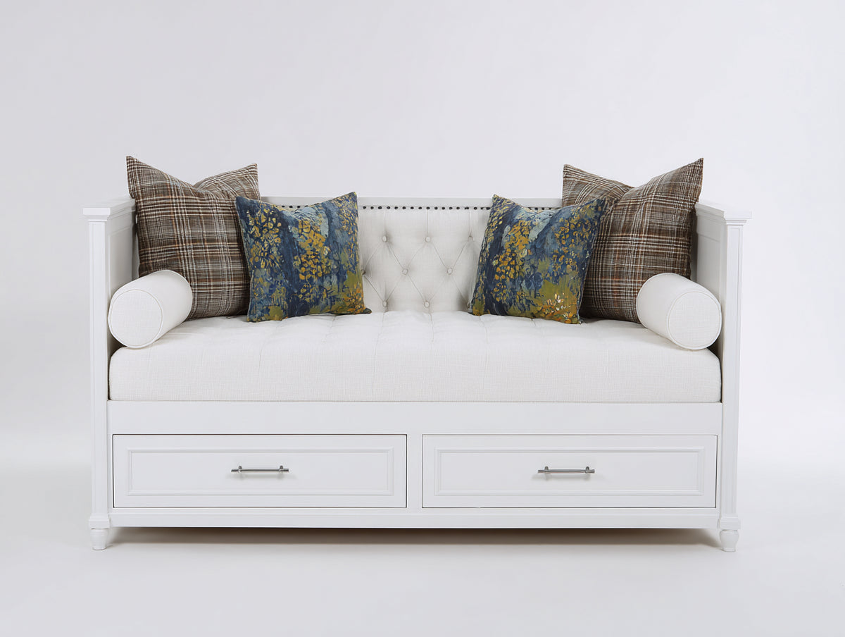 Sofás cama de madera con 2 cajones 200x95x88 cm - blanco y beige claro - respaldo capitoné con almacenamiento inferior