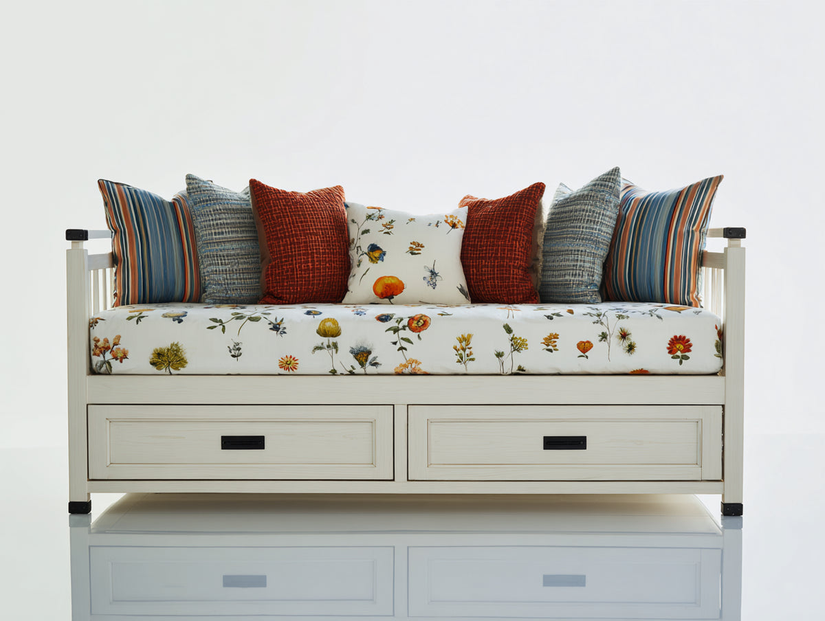 Sofás cama de madera con 2 cajones 200x95x88 cm - blanco envejecido y multicolor - diseño multifuncional con almacenamiento inferior