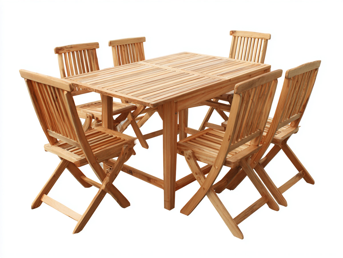 Conjuntos de comedor de jardín de madera con mesa 150x90x75 cm y 6 sillas plegables - madera natural - tablero de lamas y diseño funcional