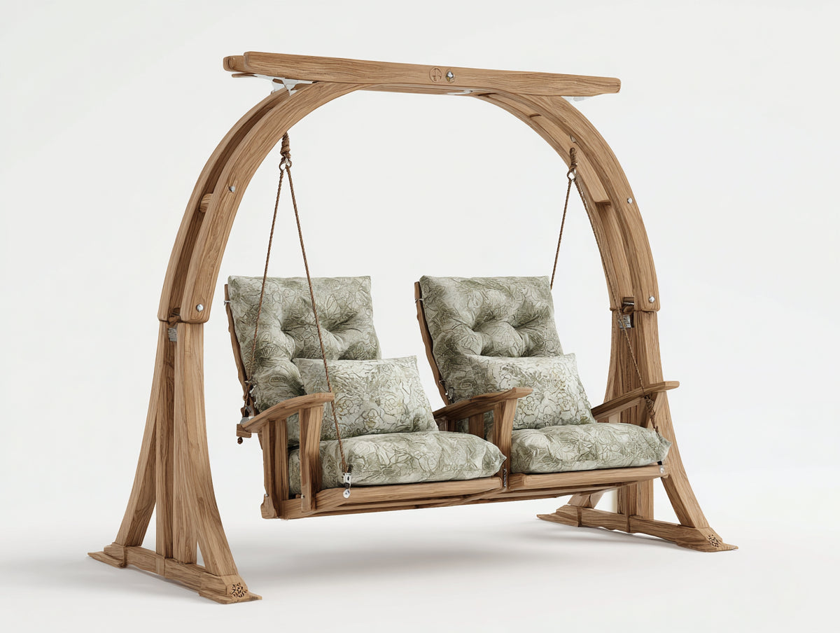 Silla colgante doble de madera 220 x 125 x 205 cm - marrón claro y verde salvia - estructura autoportante para jardín